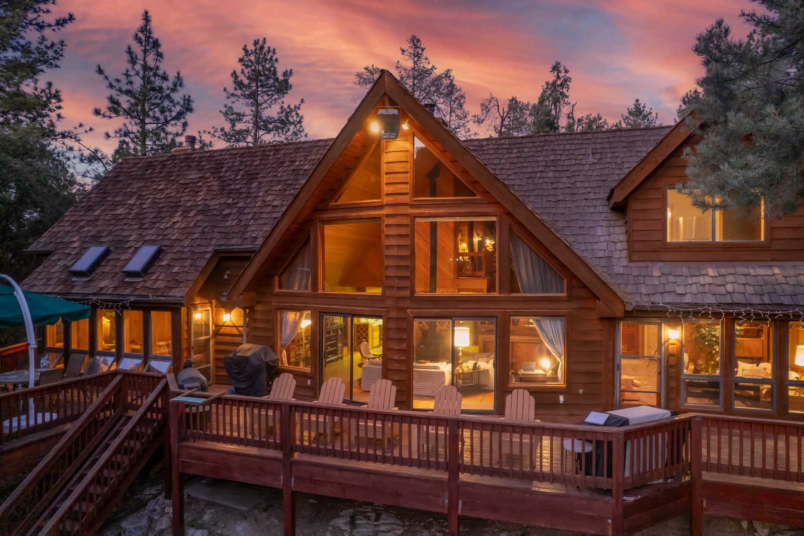 Twilight aerial of a mountain home in Pine Mountain Club