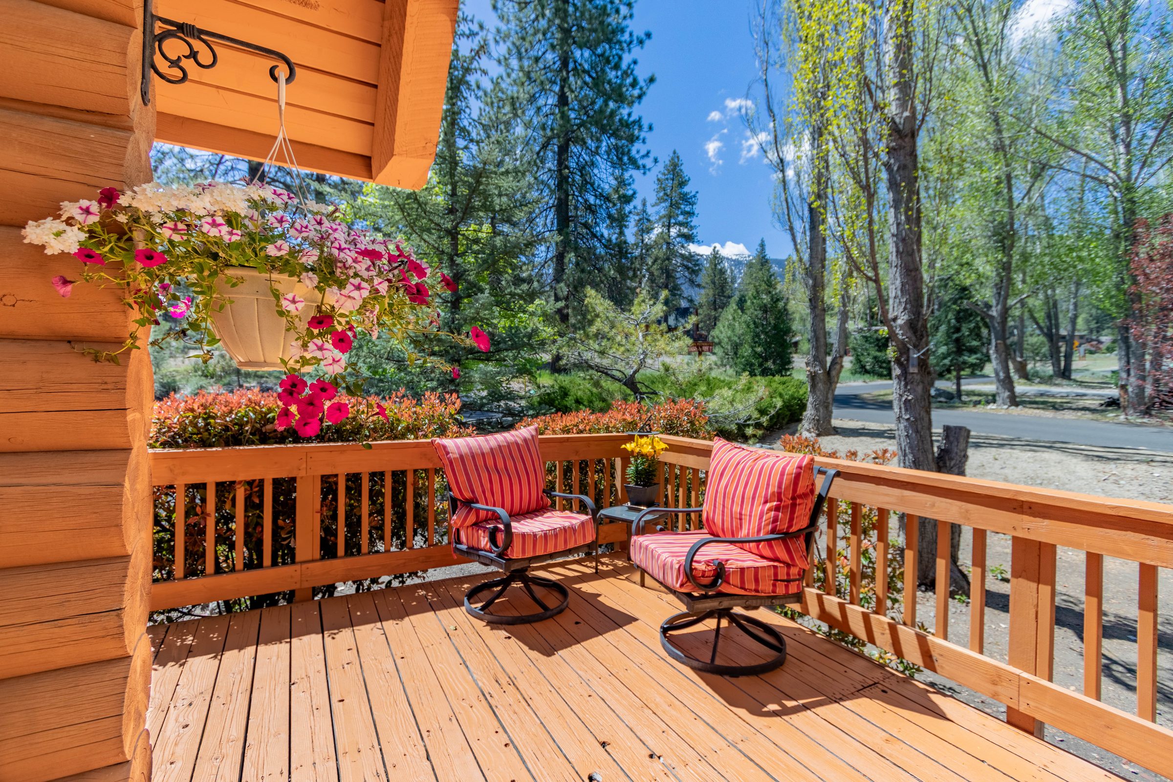 Sunny deck with hanging flowers and red chairs among the pines